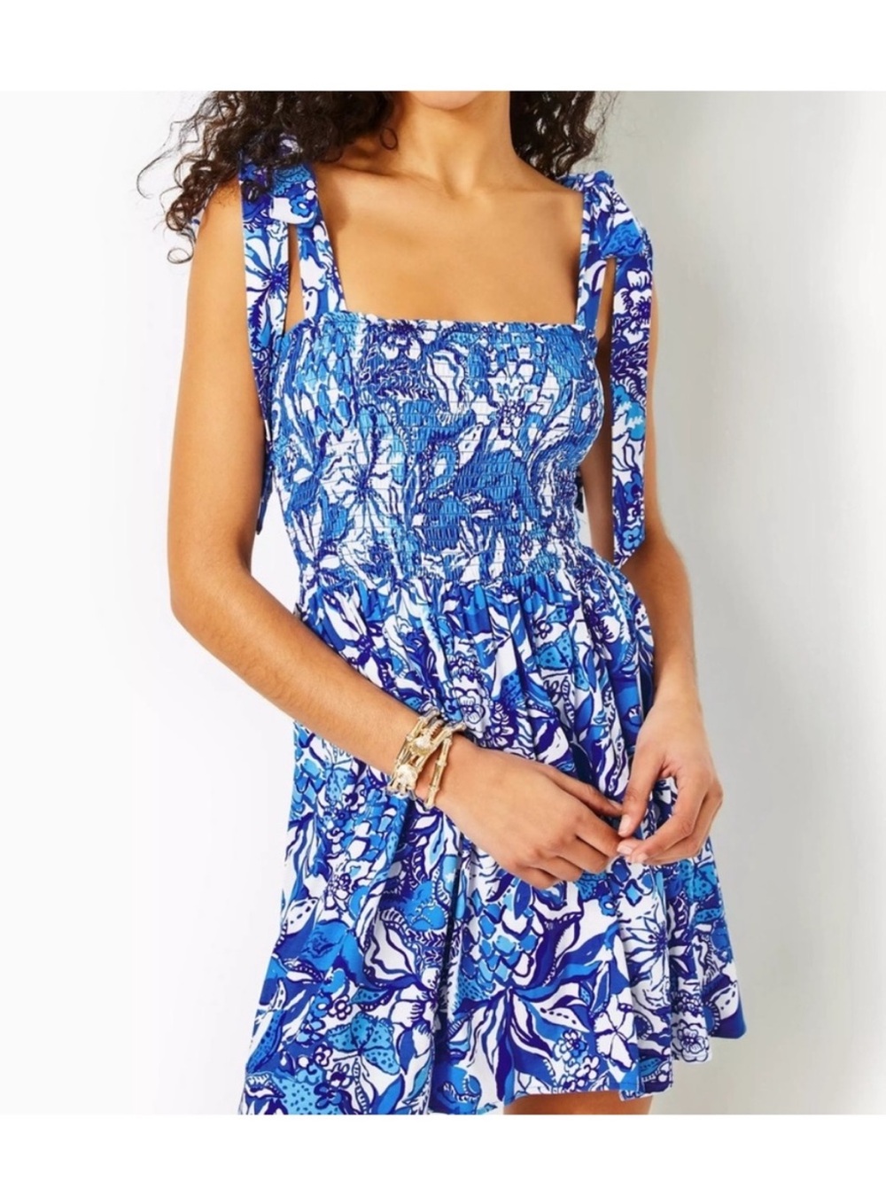 Lilly Pulitzer Rivera Blue Floral Smocked Tie-Shoulder Romper